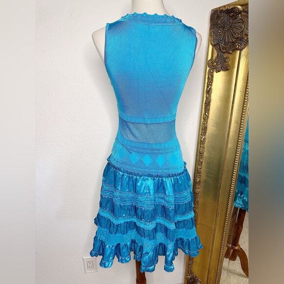 Bebe Cornflower Cottage Peasant Core Fit & Flare Mesh Detail Ruffle Hem Dress - Picture 2 of 7